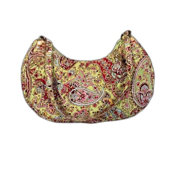 Vera Bradley Yellow Pink Paisley Silk Quilted Crescent Shoulder Bag